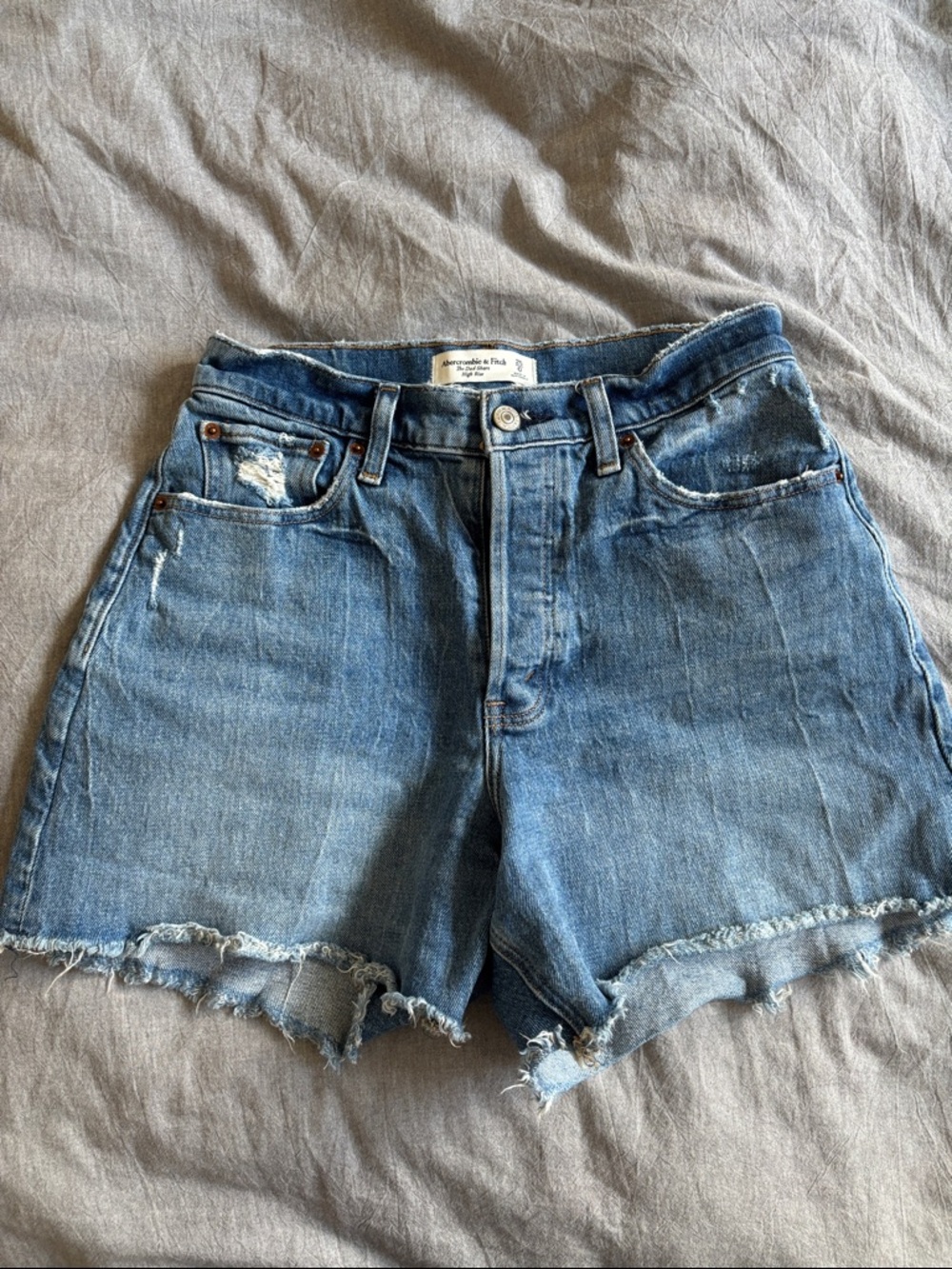 Abercrombie “The Dad Short” High-Rise Raw Hem Denim Shorts - Blue